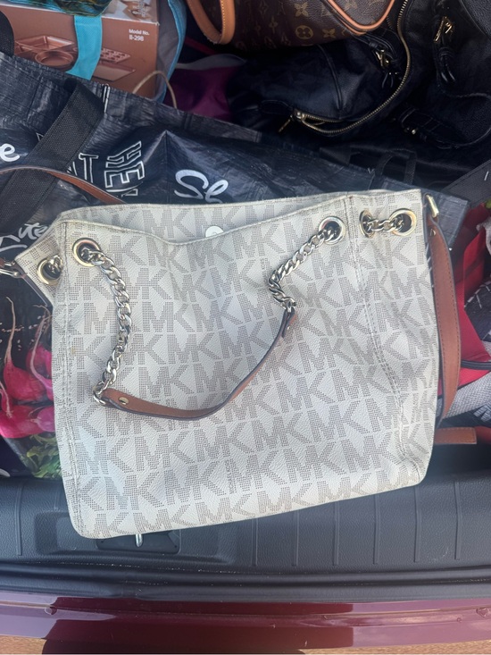 Michael Kors Handbags - Michael Kors Cream/White MK Logo Shoulder Tote with Chain-Strap Detail